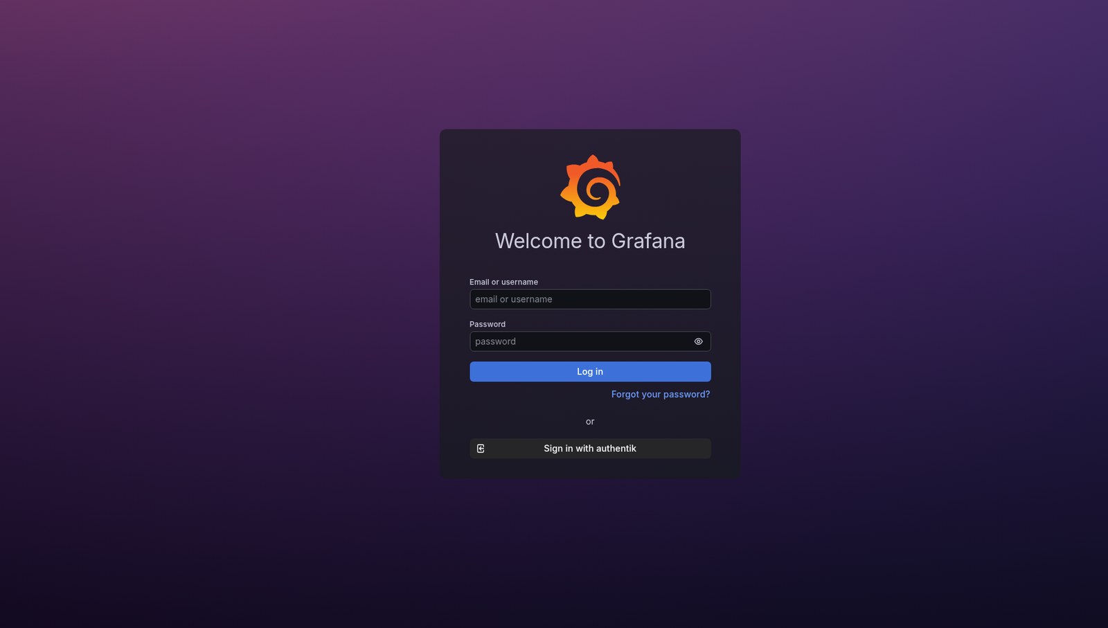 Grafana&rsquo;s login page with the Sign in with authentik button — local login retained as a fallback