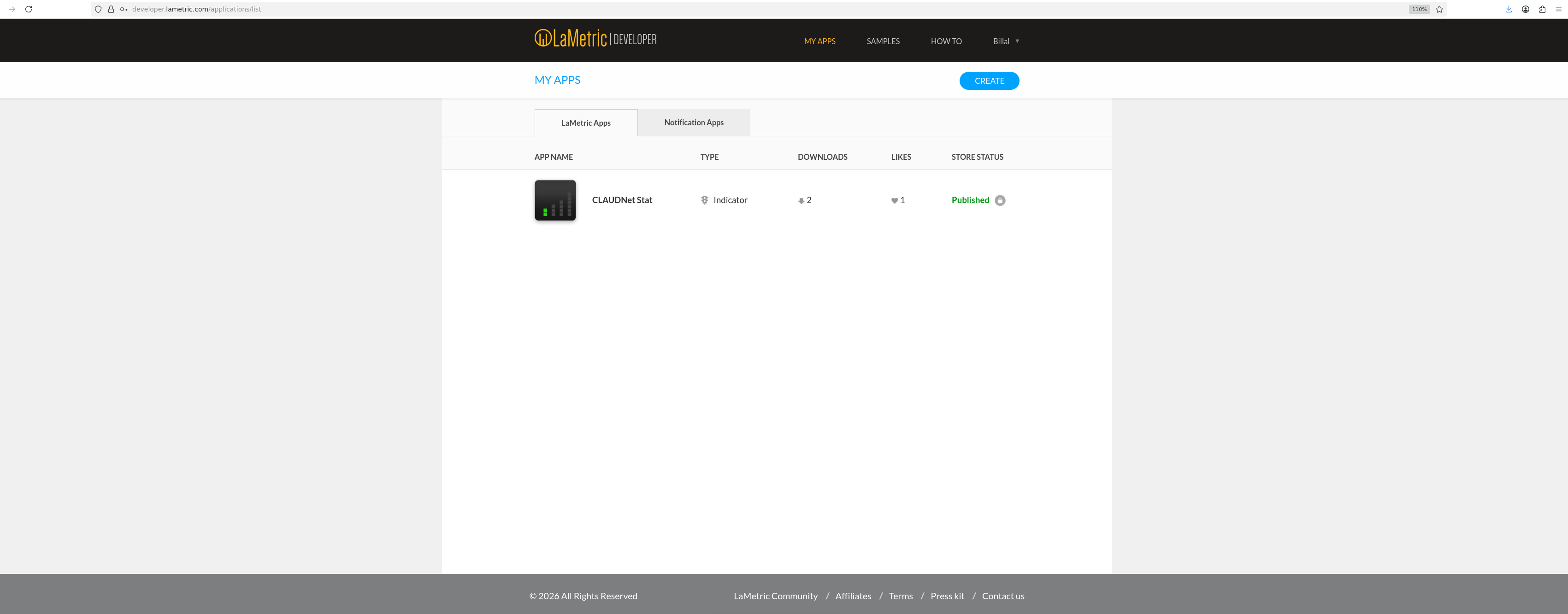 The published indicator app in the LaMetric developer dashboard