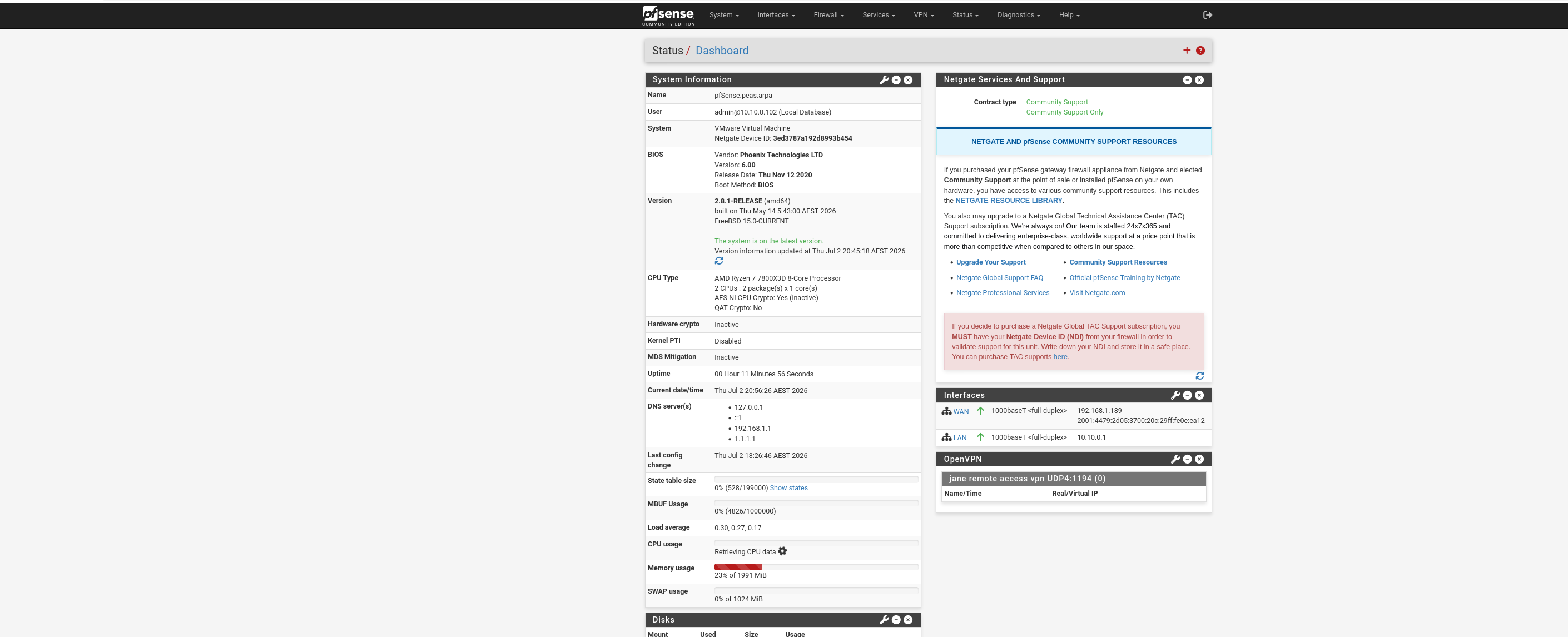 pfSense dashboard after the rebuild — WAN bridged on 192.168.1.189, LAN on 10.10.0.1, pfSense 2.8.1