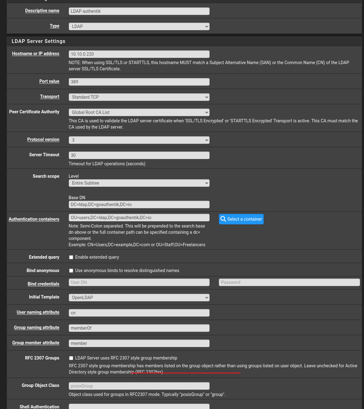 pfSense’s LDAP authentication server configuration