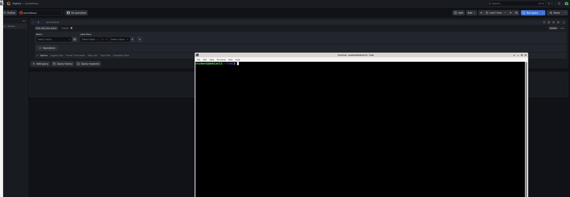 The starting point: Grafana’s Explore only speaks Prometheus, and an empty loki directory waits in the terminal