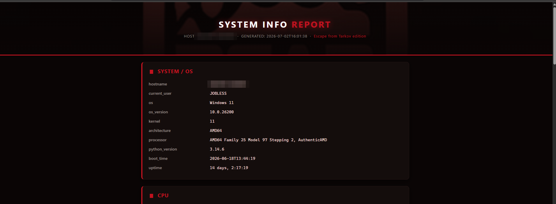 The finished HTML report — dark red/black theme, one card per category