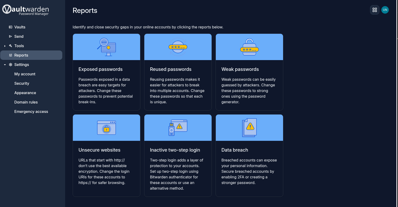 The result — logged into the self-hosted vault and running its own security reports, the whole thing operational end-to-end behind the trusted certificate and reachable no way but through the proxy.