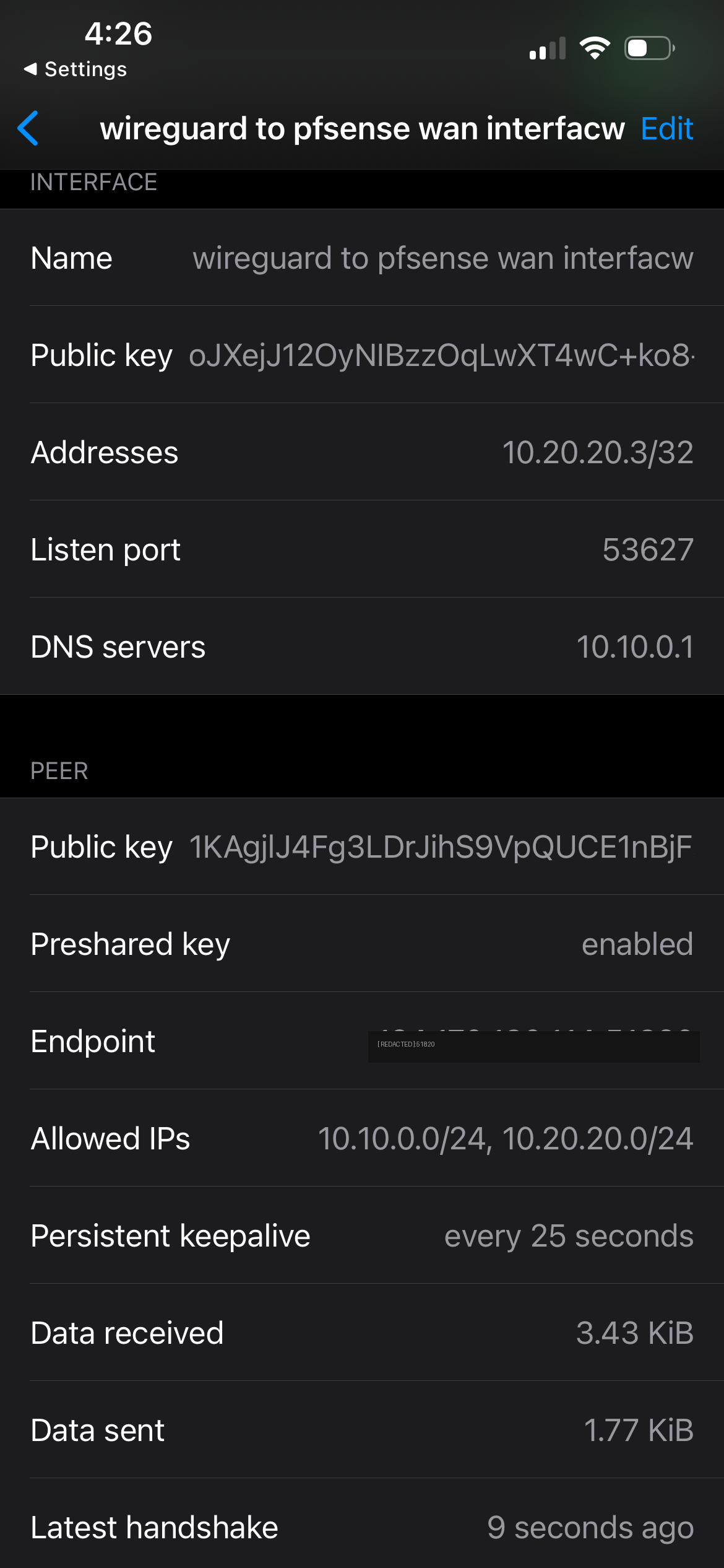 Latest handshake — the tunnel is up over mobile data